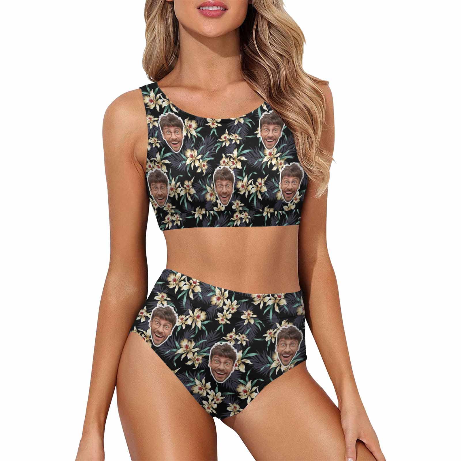 Custom Flower Face Dark High Cut Crew Neck Sports Bikini Personalized Two Piece Swimwear Beach Pool Outfit