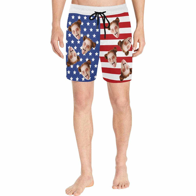 Custom American Flag Face Drawstring Swim Shorts Personalized Gift for Him