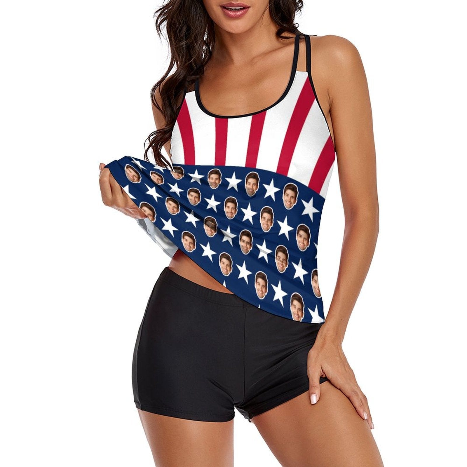 Custom American Flag Face Tankini Bathing Suit Personalized Two Piece Summer Beach Pool Swimsuit