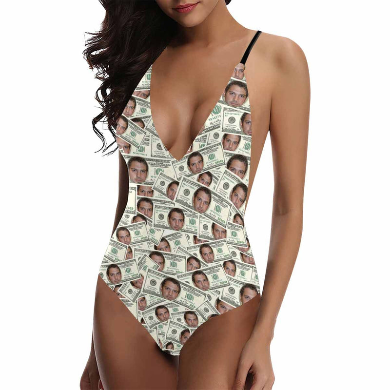 Custom Face Money Women's Lacing Backless One-Piece Swimsuit