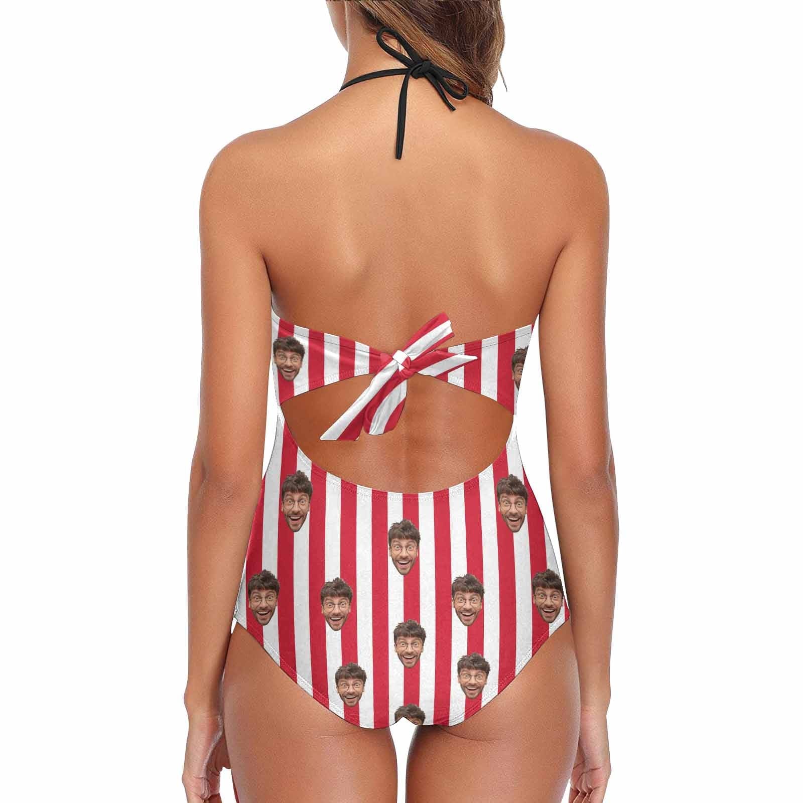 Custom American Flag Face Lace Sling One Piece Swimsuit Personalized Beach Pool Outfit Honeymoons Party