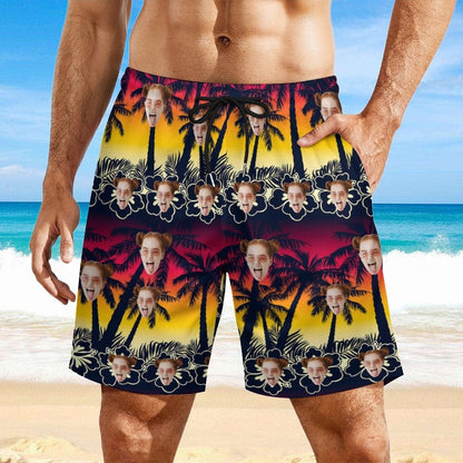 Custom Face Sunset Trees 2 in 1 Quick-Dry Swim Shorts with Pocket Personalized Swim Trunks