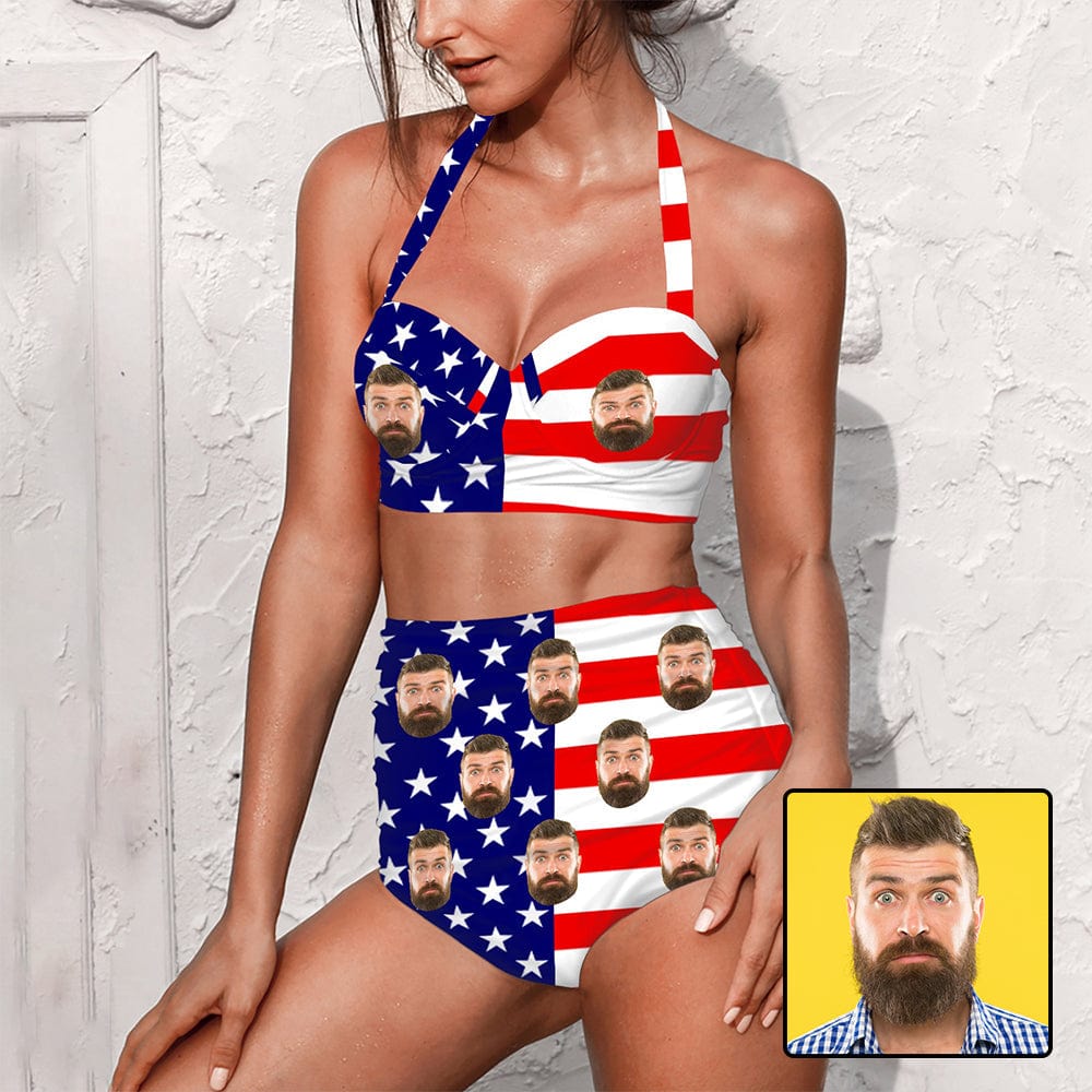 Custom Face Stars and Stripes Strap Two-piece Bikini Swimsuit