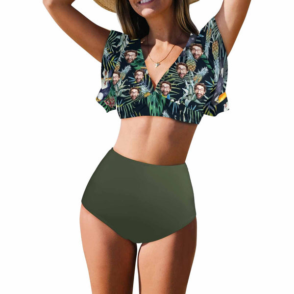 [Up to 5XL] Custom Face Leaves Ruffle Sleeve Bikini Swimsuit Personalized Bathing Suit