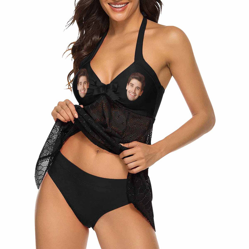 Custom Face Black Lace Low Waisted Tankini Personalized Sexy Swim Dress Beach Outfit