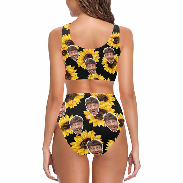 Custom Sunflower Face Chest Bowknot High Waist Bikini Swimsuit Personalized Two Piece Swimsuit Bathing Suit