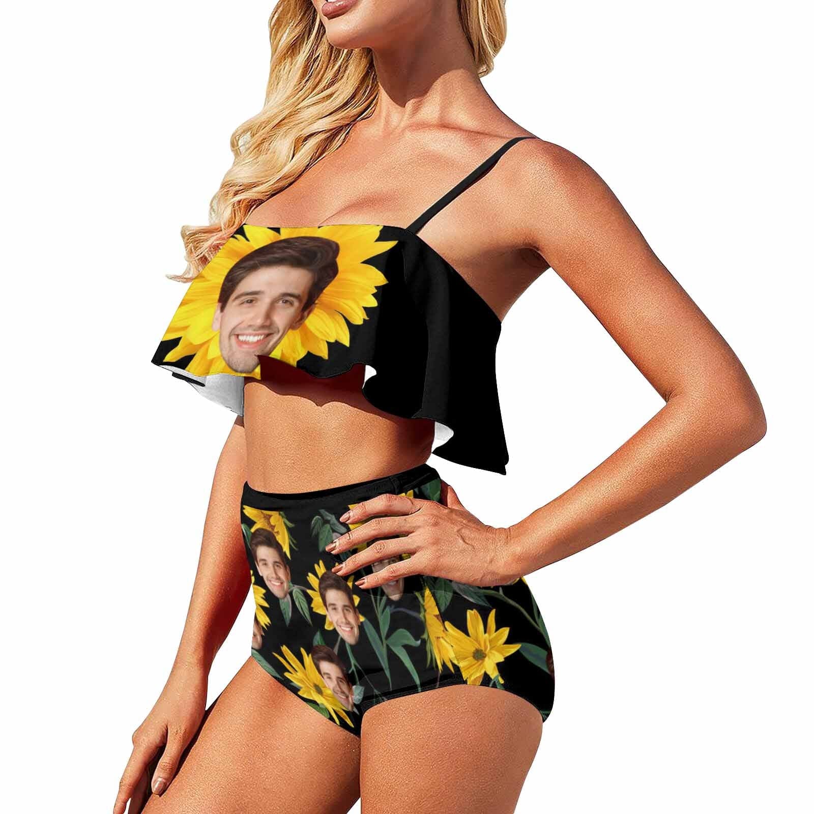 Custom Sunflower Face Ruffle Bikini Personalized Bathing Suit High Waisted Bikini Swimsuit Two Piece  Summer Beach Pool Outfits