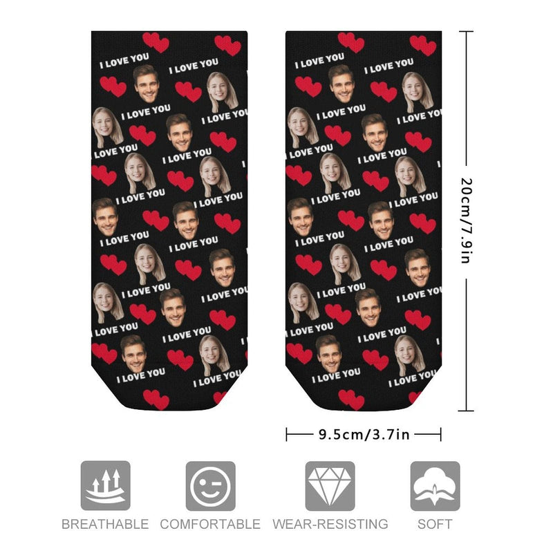 Custom Couple & Hearts Face Socks Personalised I Love You Black Ankle Socks For Lover Gift