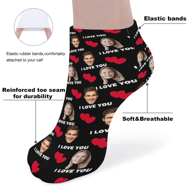 Custom Couple & Hearts Face Socks Personalised I Love You Black Ankle Socks For Lover Gift