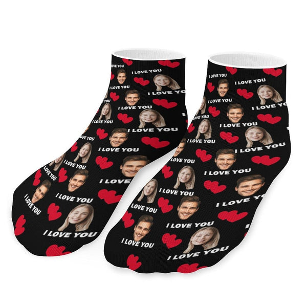 Custom Couple & Hearts Face Socks Personalised I Love You Black Ankle Socks For Lover Gift