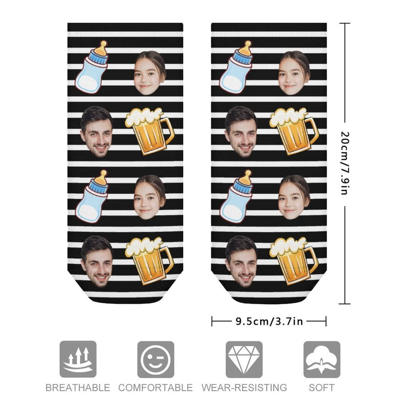 Father's Day-Custom Face Stripe Feeding Bottle Wine Glass Socks Low Cut Ankle Socks