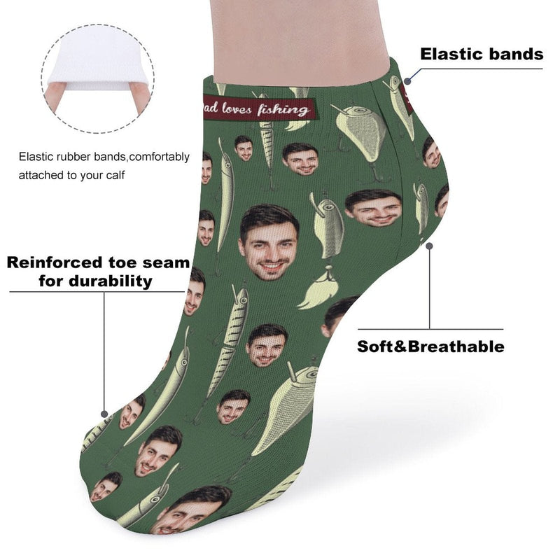 Father's Day-Custom Photo Green Socks Low Cut Ankle Socks Dad Loves Fishing