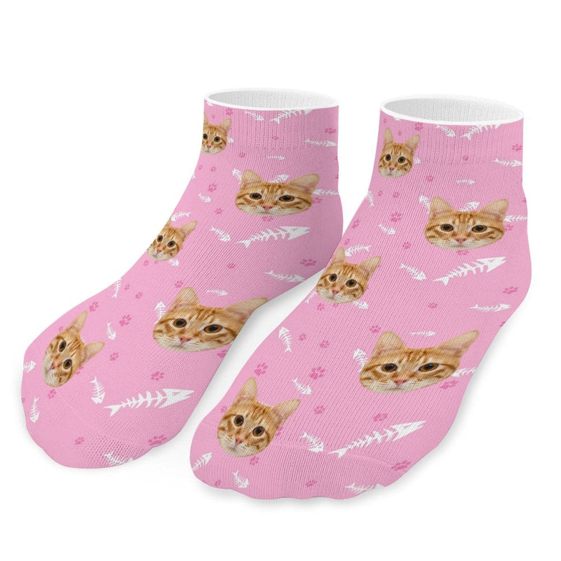 Personalised Pet Socks Custom Cat Face Fish Bone Ankle Socks - Pink Background For Pet Lovers