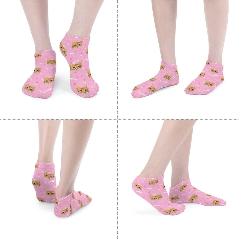 Personalised Pet Socks Custom Cat Face Fish Bone Ankle Socks - Pink Background For Pet Lovers