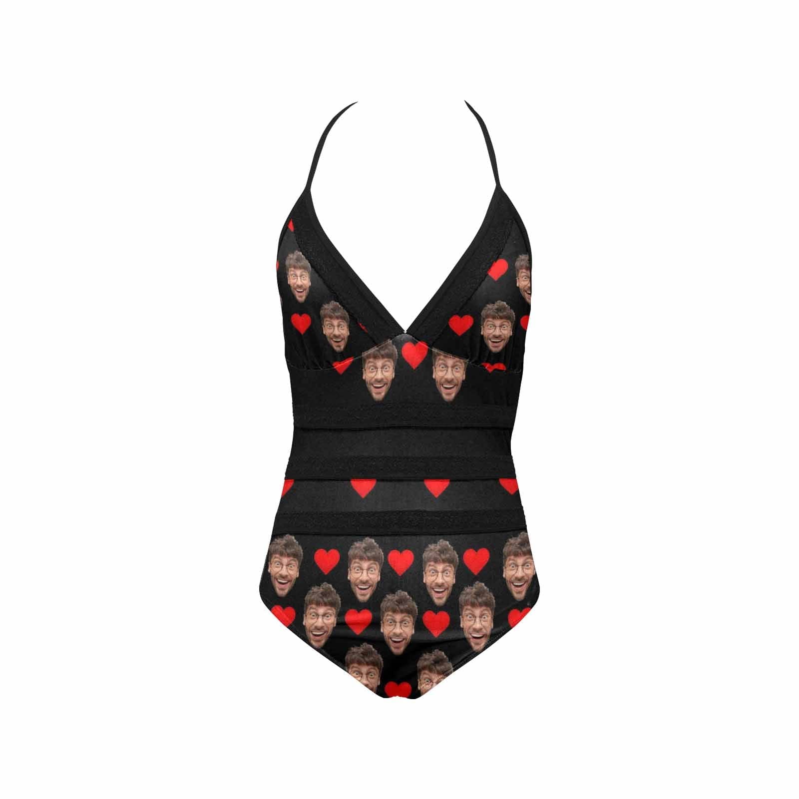 Custom Red Heart Black Face Lace Sling One Piece Swimsuit Personalized Beach Pool Outfit Honeymoons Party