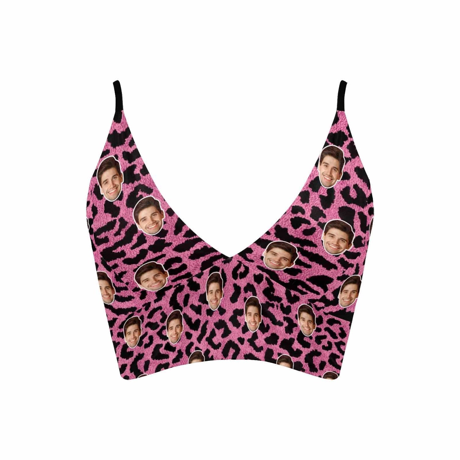 Custom Pink Leopard Face Deep V Neck Personalized Bikini Swimsuit Top