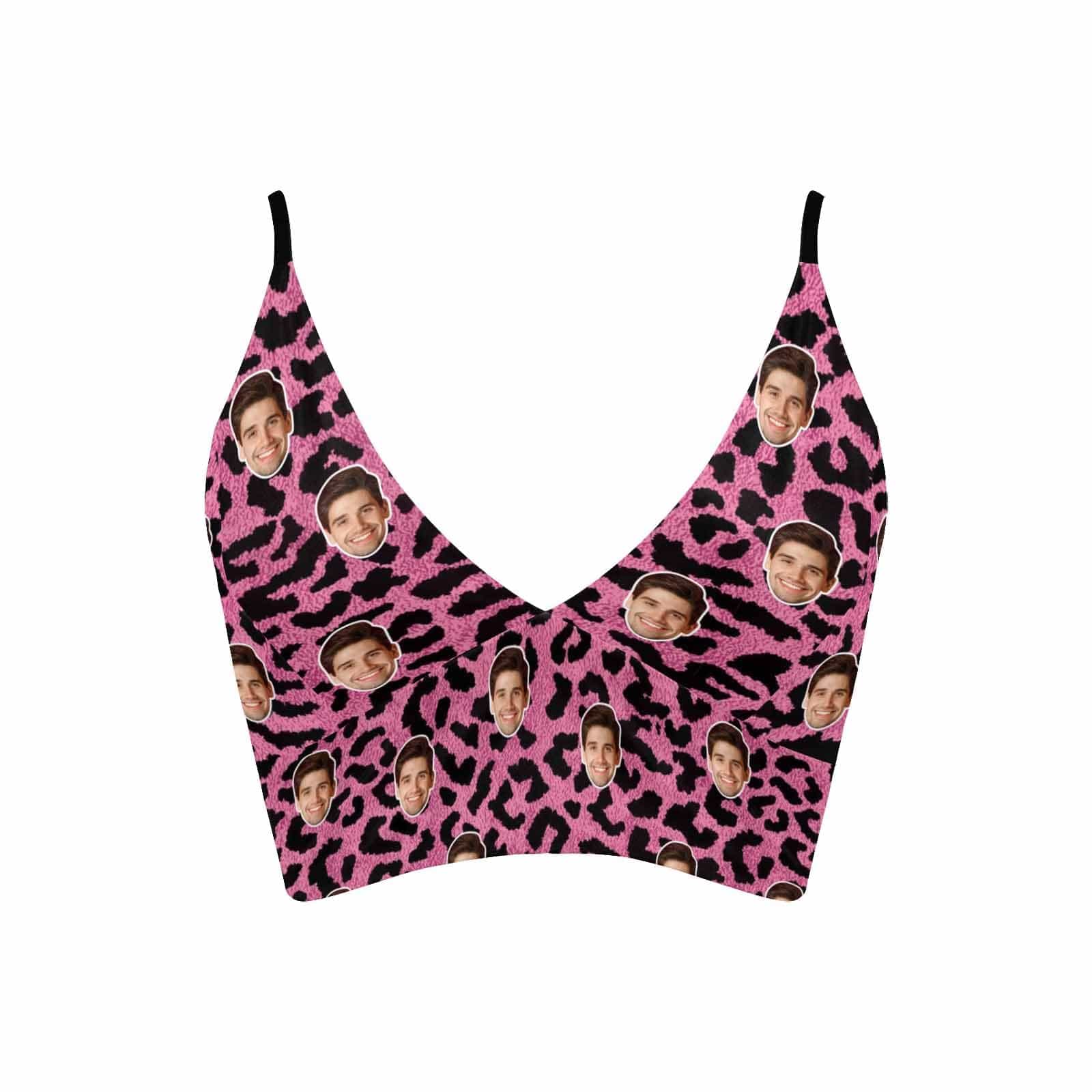 Custom Pink Leopard Face Deep V Neck Personalized Bikini Swimsuit Top