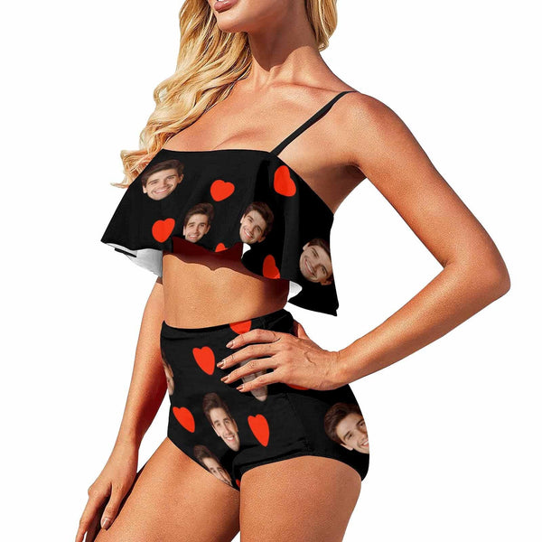 Custom Red Heart Face Ruffle Bikini Personalized Bathing Suit High Waisted Bikini Swimsuit Two Piece  Summer Beach Pool Outfits