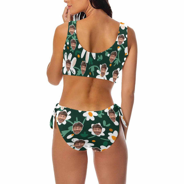 Custom White Flowers Face Chest Strap Low Waisted Bikini Personalized Two Piece Swimsuit