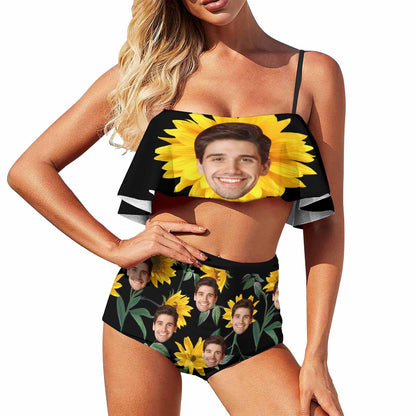 Custom Sunflower Face Ruffle Bikini Personalized Bathing Suit High Waisted Bikini Swimsuit Two Piece  Summer Beach Pool Outfits