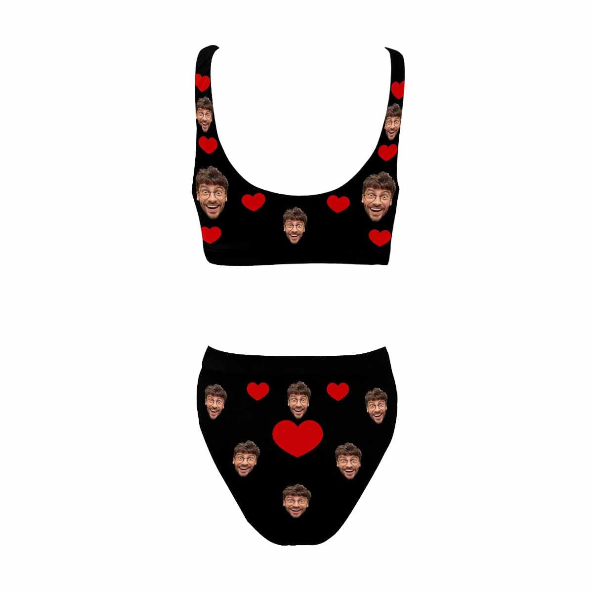 Plus Size Custom Heart Face Black Low Cut Crew Neck Sports Bikini Personalized Two Piece Swimwear Beach Pool Outfit