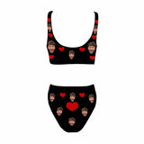 Plus Size Custom Heart Face Black Low Cut Crew Neck Sports Bikini Personalized Two Piece Swimwear Beach Pool Outfit