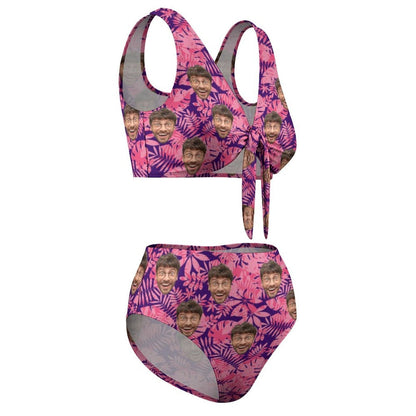 Custom Pink Leaves Face High Waist Long Strap Bikini Personalized Two Piece Swimsuit Bathing Suit