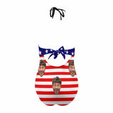 Custom American Flag Face Backless Bow One Piece Swimsuit Personalized Beach Pool Outfit