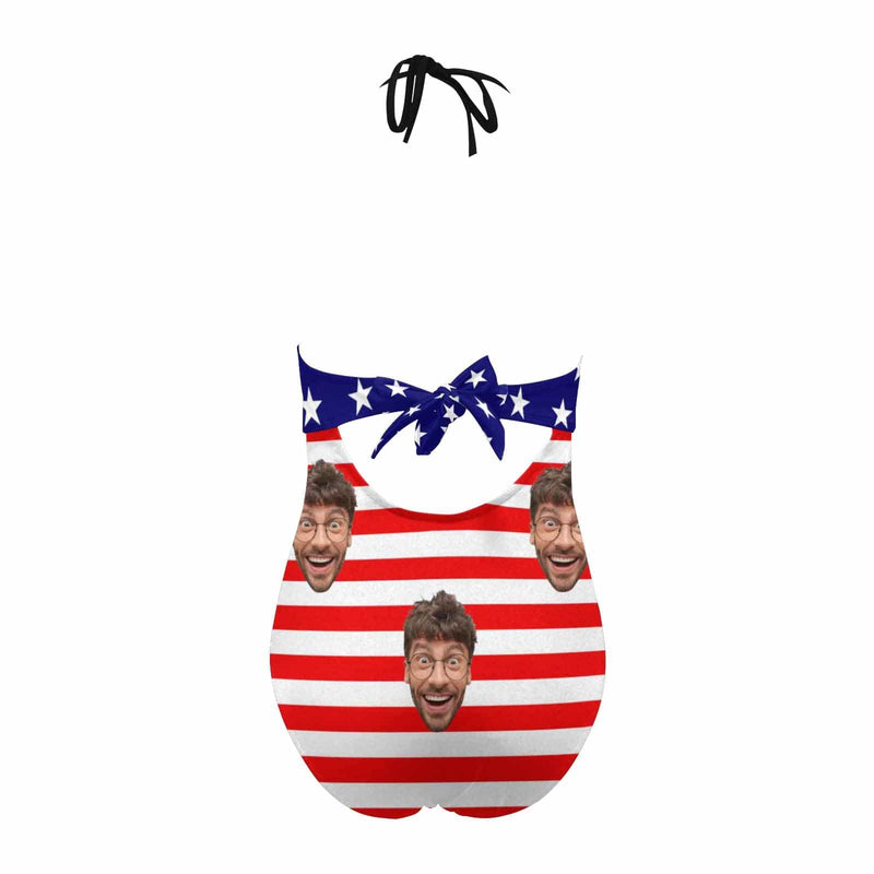 Custom American Flag Face Backless Bow One Piece Swimsuit Personalized Beach Pool Outfit