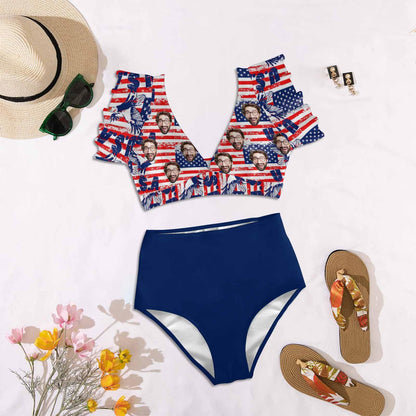 [Up to 5XL] Custom Face American Flag Ruffle Sleeve Bikini Swimsuit Personalized Bathing Suit