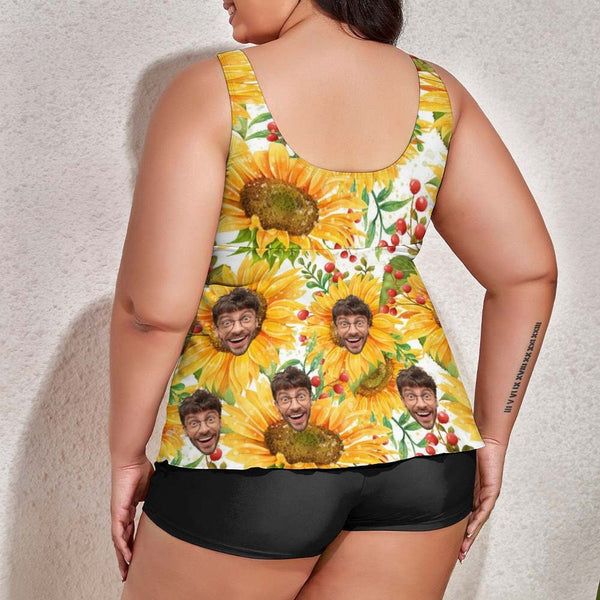 Plus Size Custom  Sunflower Face Tankini Bathing Suit Personalized Two Piece Swimsuit