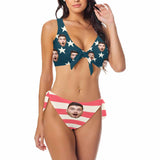 Custom Face Star Stripes Print Red White Blue Bow Tie Bikini Swimsuit