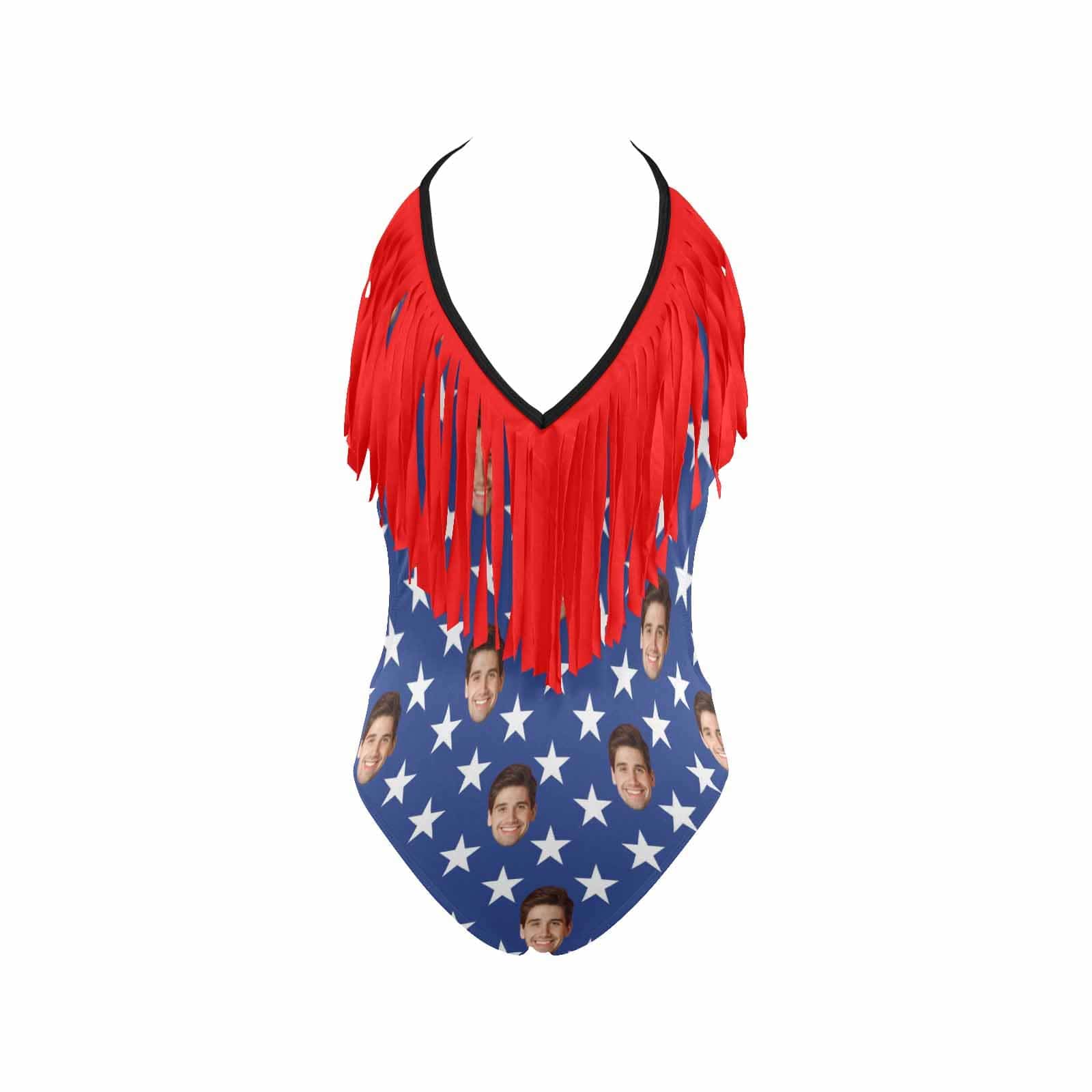 Custom Blue Stars Face Fringe One Piece Swimsuit Personalized Beach Pool Outfit