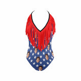 Custom Blue Stars Face Fringe One Piece Swimsuit Personalized Beach Pool Outfit