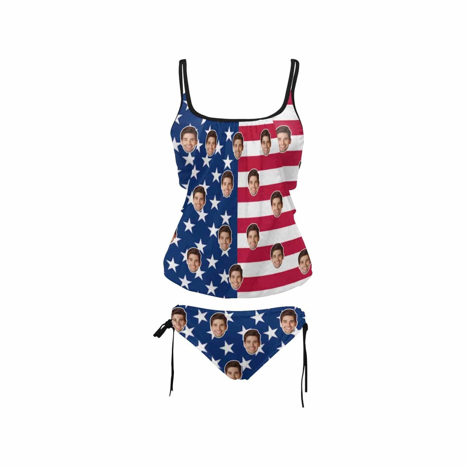 Custom American Flag Face Tankini Personalized Bikini Top Set Swimwear Two Piece Bathing Suit