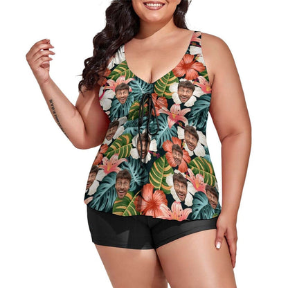 Plus Size Custom Colorful Flower Face Tankini Bathing Suit Personalized Two Piece Swimsuit