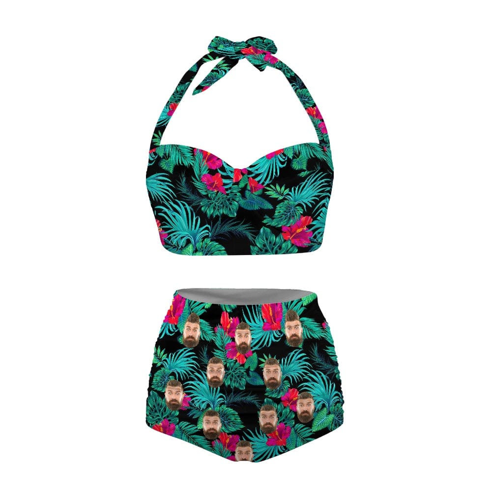 Custom Face Flowers Green Strap Two-piece Bikini Swimsuit