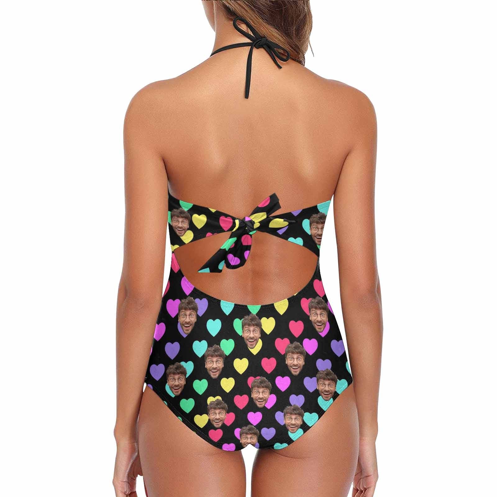 Plus Size Custom Colorful Heart Face Black Sling One Piece Swimsuit Personalized Beach Pool Outfit Honeymoons Party