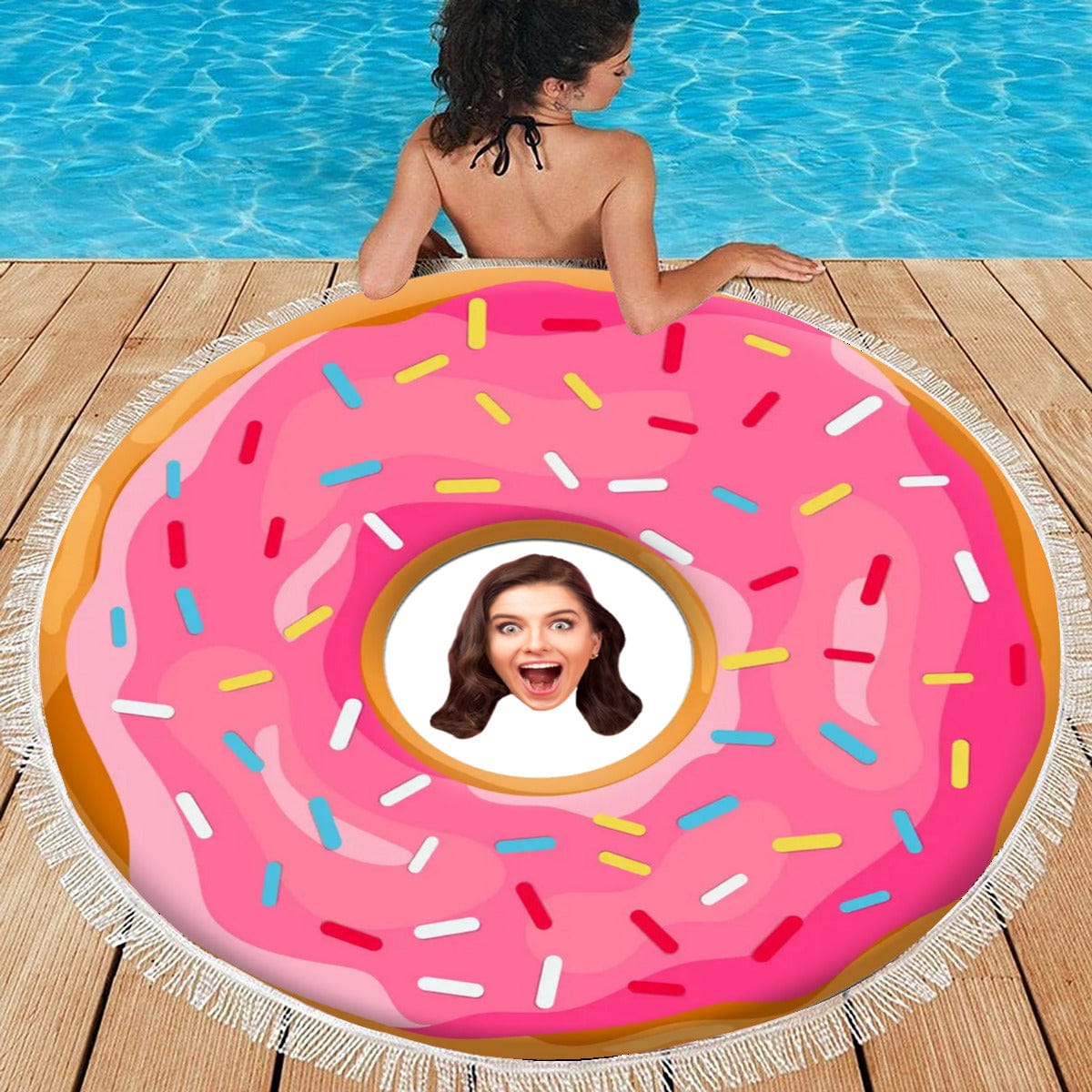 Custom Face Personalized Donut Design Round Beach Towel Bath Towel Custom Pool Towel Birthday Vacation