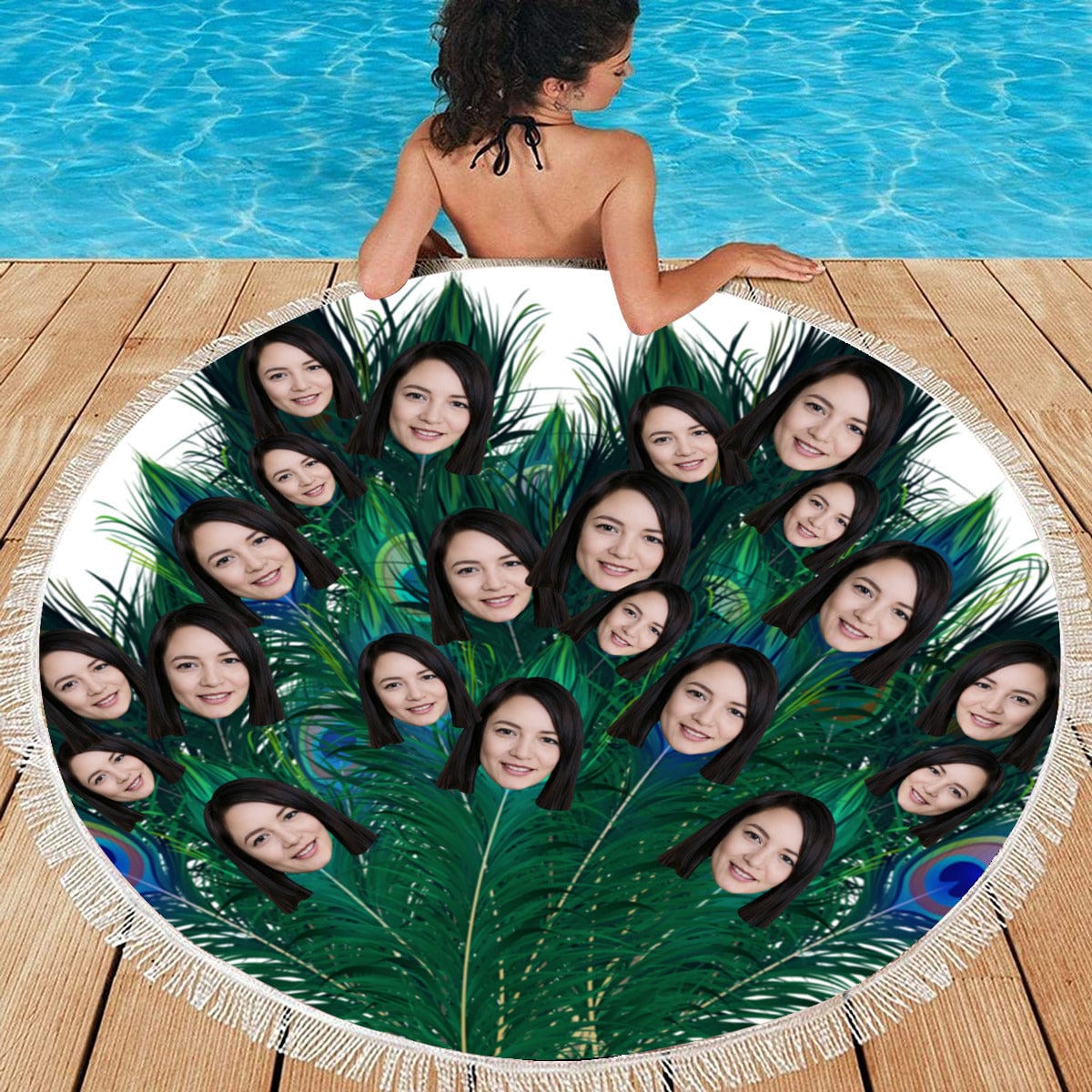 Custom Face Personalized Peacock Feather Round Beach Towel Bath Towel Custom Pool Towel Birthday Vacation