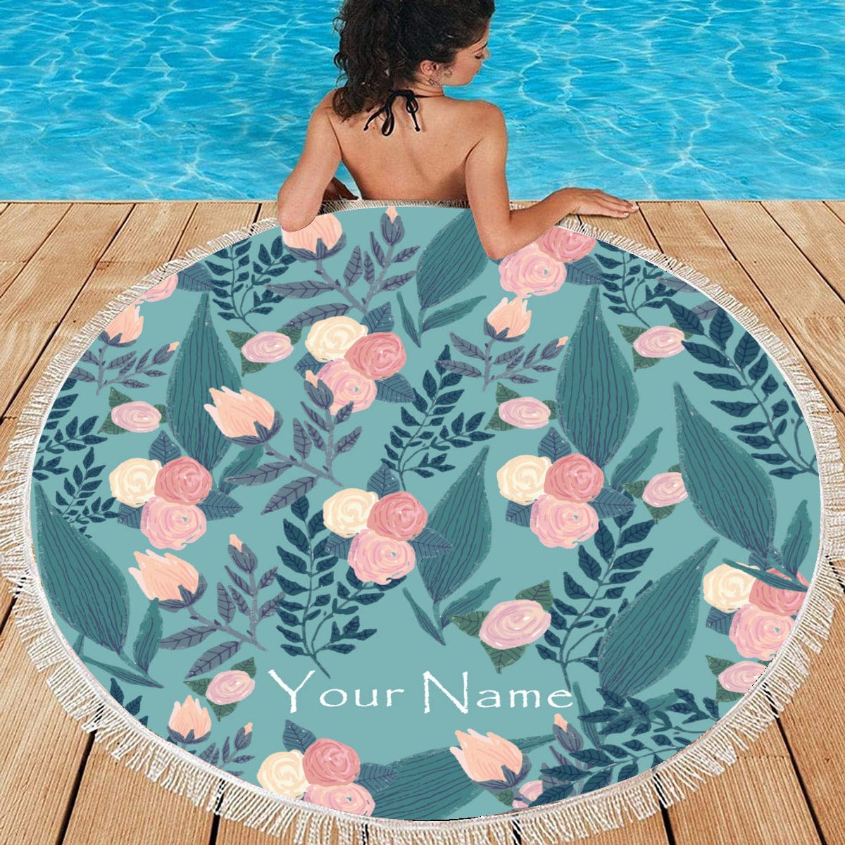 Custom Name Personalized Flower Round Beach Towel Bath Towel Custom Pool Towel Birthday Vacation