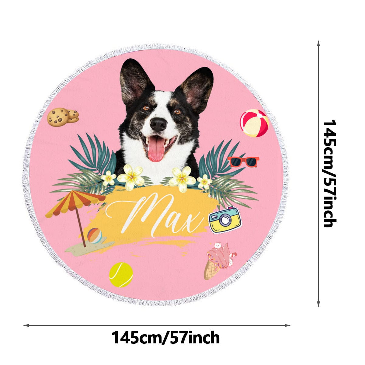 Custom Pet Face&amp;Name Personalized Round Beach Towel Bath Towel Custom Pool Towel Birthday Vacation