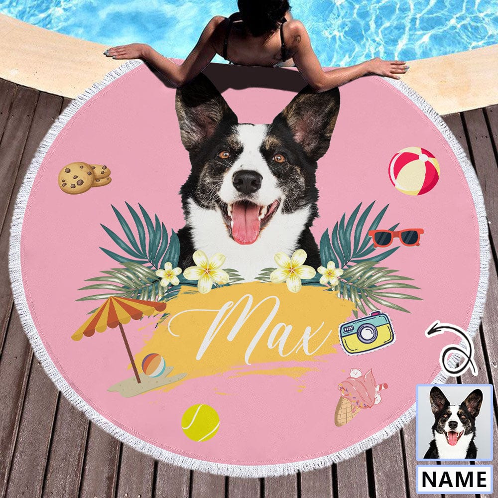 Custom Pet Face&amp;Name Personalized Round Beach Towel Bath Towel Custom Pool Towel Birthday Vacation