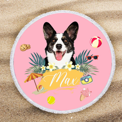 Custom Pet Face&amp;Name Personalized Round Beach Towel Bath Towel Custom Pool Towel Birthday Vacation