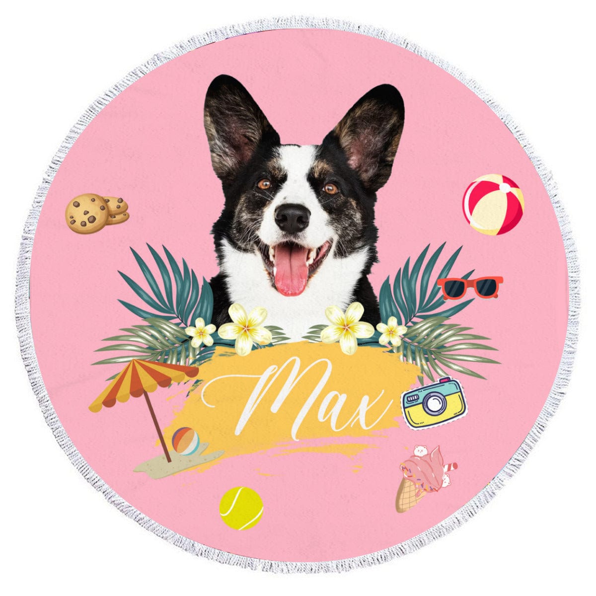 Custom Pet Face&amp;Name Personalized Round Beach Towel Bath Towel Custom Pool Towel Birthday Vacation