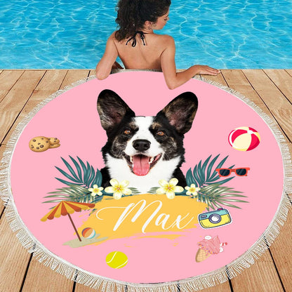 Custom Pet Face&amp;Name Personalized Round Beach Towel Bath Towel Custom Pool Towel Birthday Vacation