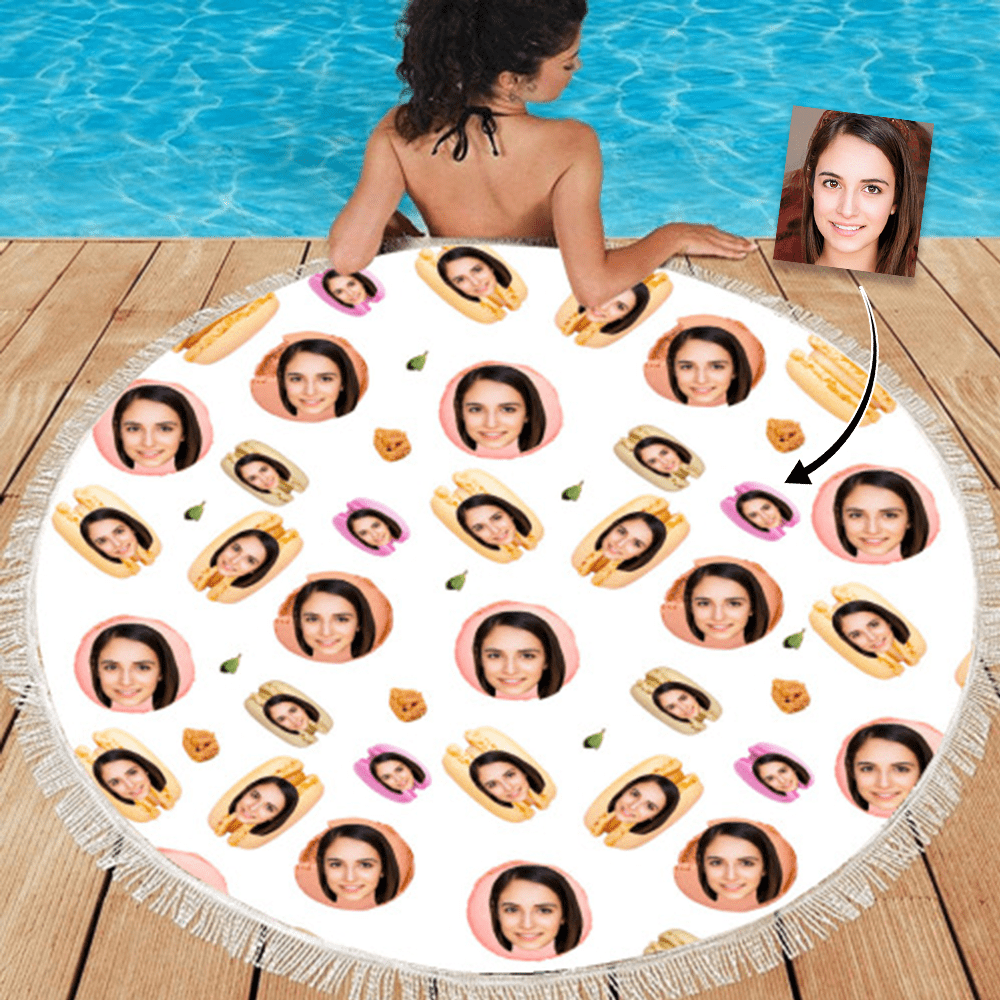 Custom Photo Personalized Dessert Design Round Beach Towel Bath Towel Custom Pool Towel Birthday Vacation