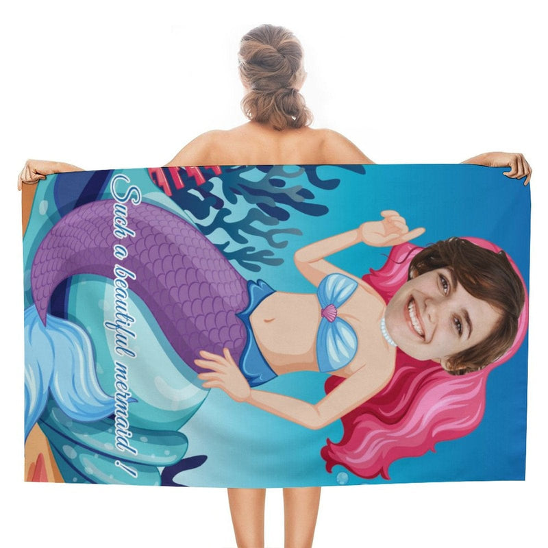 Custom Face&Text Mermaid Princess Beach Towel Quick-Dry Sand-Free Super Absorbent Non-Fading Beach&Bath Towel