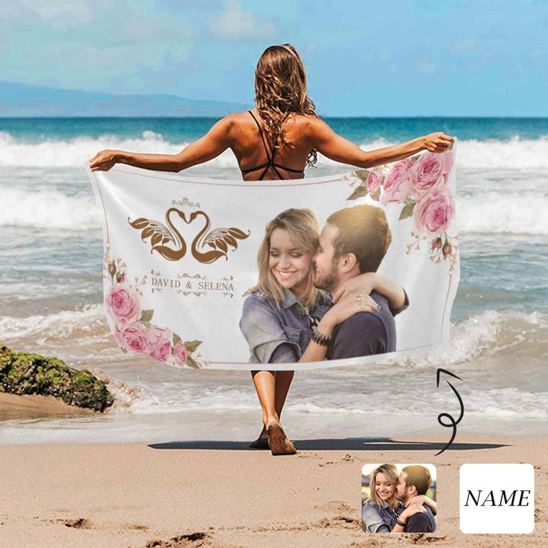 Custom Photo & Name Couple Love  Beach Towel Quick-Dry, Sand-Free, Super Absorbent, Non-Fading, Beach&Bath Towel Beach Blanket Personalized Beach Towel Funny Selfie Gift