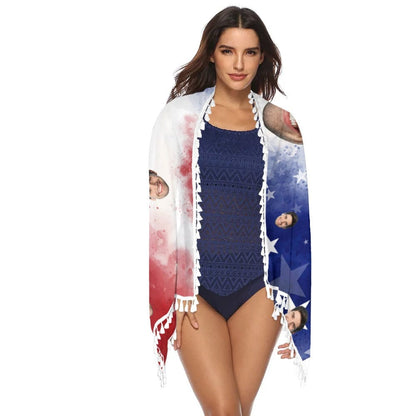 Custom Big Face American Flag Beach Wraps Chiffon Sarong Bikini Swimsuit Cover Ups Skirt Tassels Independence Day